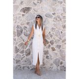 bytugcekaya Beyaz Çiçek Tokalı Sıfır Kol Elbise