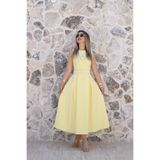 bytugcekaya Canlı Sarı Halter Yaka Kemerli Kloş Elbise