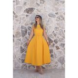 bytugcekaya Hardal Halter Yaka Kemerli Kloş Elbise