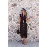 bytugcekaya Kahve Çiçek Tokalı Sıfır Kol Elbise