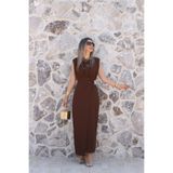 bytugcekaya Kahve Sıfır Kol Çift Tokalı Elbise