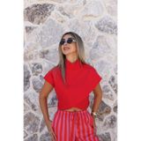 bytugcekaya Kırmızı Omuz Düğmeli Crop Bluz