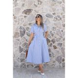 bytugcekaya Mavi Kısa Kollu Kuşaklı Pötikare Elbise
