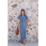 bytugcekaya Mavi Sıfır Kol Düğme Detay Denim Elbise