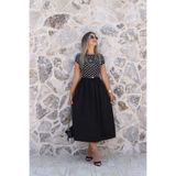 bytugcekaya Siyah Puantiyeli Kısa Kollu Kemerli Kloş Etekli Elbise