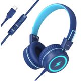 Bywulanda Okul için LED Işıklı Çocuk Kulaklığı, Yükseltme USB Tip C Mikrofonlu Çocuk Kulaklığı, Ses Sınırlayıcı 85/94dB, Erkekler/Kızlar/Tablet/Seyahat için Kablolu Kulaklıklar -Mavi