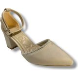 C-Shoes 105-25 Saten Ağzı Taşlı Kalın Topuk Kadın Ayakkabı - Krem