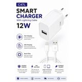 C47L Smart Charger 12W Usb to Lightning Kablolu Hızlı Şarj Aleti Fast Charging Usb Adaptör ve ios Şarj Kablosu