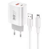 C89q 1 Adet 30W Type-C Ve 1 Adet 22.5W Usb Çıkışlı Ekstra Dl48 1M Usb To Lightning Kablolu Pd Şarj Cihazı - Beyaz-(5796)