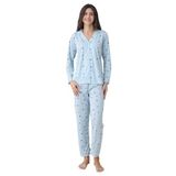 ca lia Kadın Çiçek Desenli Penye Süprem Pamuklu Kumaş Önden Düğmeli Gömlek Yaka Uzun Kollu Pijama Takımı (Mavi, XL)