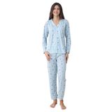 ca lia Kadın Çiçek Desenli Penye Süprem Pamuklu Kumaş Önden Düğmeli Gömlek Yaka Uzun Kollu Pijama Takımı (Mavi, XXL)