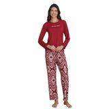ca lia Kadın Milan Kumaş Bordo Desenli Bisiklet Yaka Uzun Kollu Pijama Takımı (Bordo, L)
