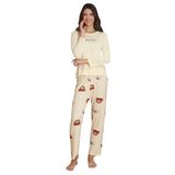 ca lia Kadın Milan Kumaş Ekru Ayıcık Desenli Bisiklet Yaka Uzun Kollu Pijama Takımı (Ekru, XXL)