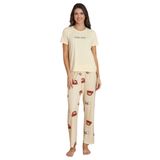 ca lia Kadın Milan Kumaş Ekru Ayıcıl Desenli Bisiklet Yaka Kısa Kollu Pijama Takımı (Ekru, XL)