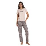 ca lia Kadın Milan Kumaş Leopar Desen Bisiklet Yaka Kısa Kollu Pijama Takımı (Ekru, XL)