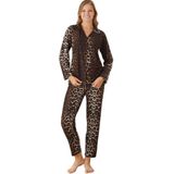 ca lia Kadın Pamuklu Süet Kumaş Leopar Desenli Gömlek Yaka Düğmeli Uzun Kollu Pijama Takımı (Leopar, XL)