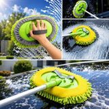Cabbaroğlu Ticaret 360° Döner Başlıklı Mikrofiber Araba Yıkama Fırçası Uzatılabilir Alüminyum Saplı Oto Yıkama Mop Fırçası - Yeşil