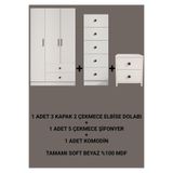 CABİNSE%100 MDF 3 KAPAKLI ELBİSE DOLABI + 5 ÇEKMECE ŞİFONYER + KOMİDİN TAKIM Beyaz