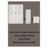 CABİNSE%100 MDF 4 KAPAKLI ELBİSE DOLABI + 5 ÇEKMECE ŞİFONYER + KOMODİN KURULUM ANİMASYONLU Beyaz