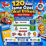 Cabuk Baskı Erkek Çocuklara Özel 120 Adet Isimli Okul Etiketi Sticker Seti 5 Figürlü Defter Kitap ve Kalem Özel Isimli Okul Etiketi - Mavi