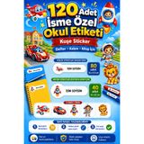 cabuk baskı Erkek Çocuklara Özel 120 Adet İsimli Okul Etiketi Sticker Seti 5 Figürlü Defter Kitap ve Kalem Özel İsimli Okul Etiketi
