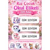 cabuk baskı Kız Çocuk Sevimli Kedi Temalı Okul Etiketi 220 Adet Özel İsim Yazılabilen Kalem Defter Etiketi