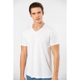 Cacharel Erkek Kısakol V Yaka T-Shirt, %50 Pamuk %50 Modal - Beyaz - 3XL
