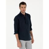 Cacharel Erkek Lacivert Slim Fit Yarım Düğmeli %100 Keten Gömlek 50288732-VR033 - 2XL