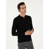 Cacharel Erkek Siyah Regular Fit Yün Karışımlı Fermuarlı Polo Yaka Basic Triko Kazak 50296495-VR046
