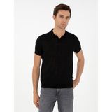 Cacharel Erkek Siyah Slim Fit Keten Karışımlı Apaş Yaka Triko T-shirt 50303284-VR046 - 2XL