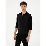 Cacharel Erkek Siyah Slim Fit Pamuk Karışımlı Fermuarlı Polo Yaka Triko Kazak 50318948-VR046