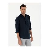 Cacharel Lacivert Slim Fit Yarım Düğmeli %100 Keten Gömlek 50288732-vr033