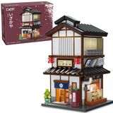 CaDA C66019W Sakaya Japon Evi, 1195 Yapı Taşı, Modüler Yapı, 2 Katlı Sokak Köşe Evi, LED Işıklı, Açılabilir Duvarlar ve Pencereler, Japon Sokak Sahnesi Modeli, Yetişkinler ve Gençler için