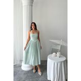Caddebostan Moda Boyundan Bağlamalı Keten Elbise Retro Model Kloş Kesim Midi Boy Yazlık Elbise