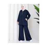 Caddebostan Moda Kadın Yarım Fermuarlı Polo Yaka Cepli Tunik Bol Paça Pantolon İkili Tesettür Takım