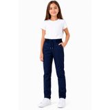 caddekids Kız Çocuk Okul Pantolonu Ribana Bel Bağcıklı Saten Düz Paça Lacivert (BİR BÜYÜK BEDEN ALINMASI TAVSİYE EDİLİR)