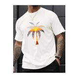 caddekombin Büyük Palmiye Ağacı Baskılı Pamuk Penye Yuvarlak Yaka Beyaz T-shirt