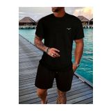 caddekombin Erkek Gögüs Baskılı T-shirt Short Bol Paça Rahat Kalıp Siyah Alt Siyah Üst Short Takım