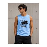 caddekombin Erkek Yaz Temalı Palmiye ve Deniz Baskılı Sıfır Kol Yuvarlak Bisiklet Yaka Mavi Tişört / Tshirt