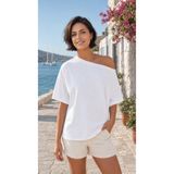 caddekombin Kadın Kayık Yaka Oversize Salaş Düz Sade Beyaz Tişört / Tshirt