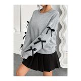 caddekombin Kadın Siyah Kurdele Ve Fiyonk Kollu Bisiklet Yaka Gri Sweatshirt