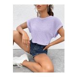 caddekombin Kadın Yarasa Kol Oversize Kalıp Waffle Kumaş Lila T-shirt Crop Top