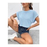 caddekombin Kadın Yarasa Kol Oversize Kalıp Waffle Kumaş Mavi T-shirt Crop Top