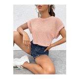 caddekombin Kadın Yarasa Kol Oversize Kalıp Waffle Kumaş Pembe T-shirt Crop Top