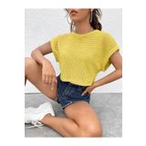 caddekombin Kadın Yarasa Kol Oversize Kalıp Waffle Kumaş Sarı T-shirt Crop Top