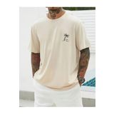 caddekombin Küçük Palmiye Ağacı Pamuk Penye Yuvarlak Yaka Bej T-shirt