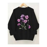 caddekombin Mor Menekşe Baskılı Bisiklet Yaka Siyah Sweatshirt
