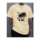 caddekombin Palmiye Ağacı Şemsiyeli Baskılı Pamuk Yuvarlak Yaka Bej T-shirt