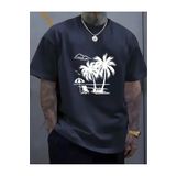 caddekombin Palmiye Ağacı Şemsiyeli Baskılı Pamuk Yuvarlak Yaka Lacivert T-shirt