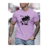 caddekombin Palmiye Ağacı Şemsiyeli Baskılı Pamuk Yuvarlak Yaka Lila T-shirt